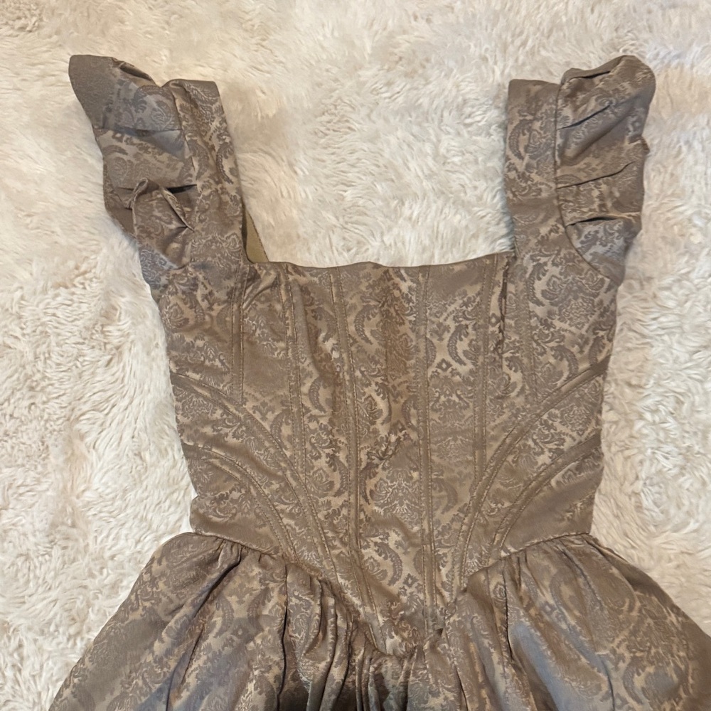 House of CB Brown Midi Dress Ruffle Sleeves xs Alessandra corset jacquard gold - Picture 9 of 12